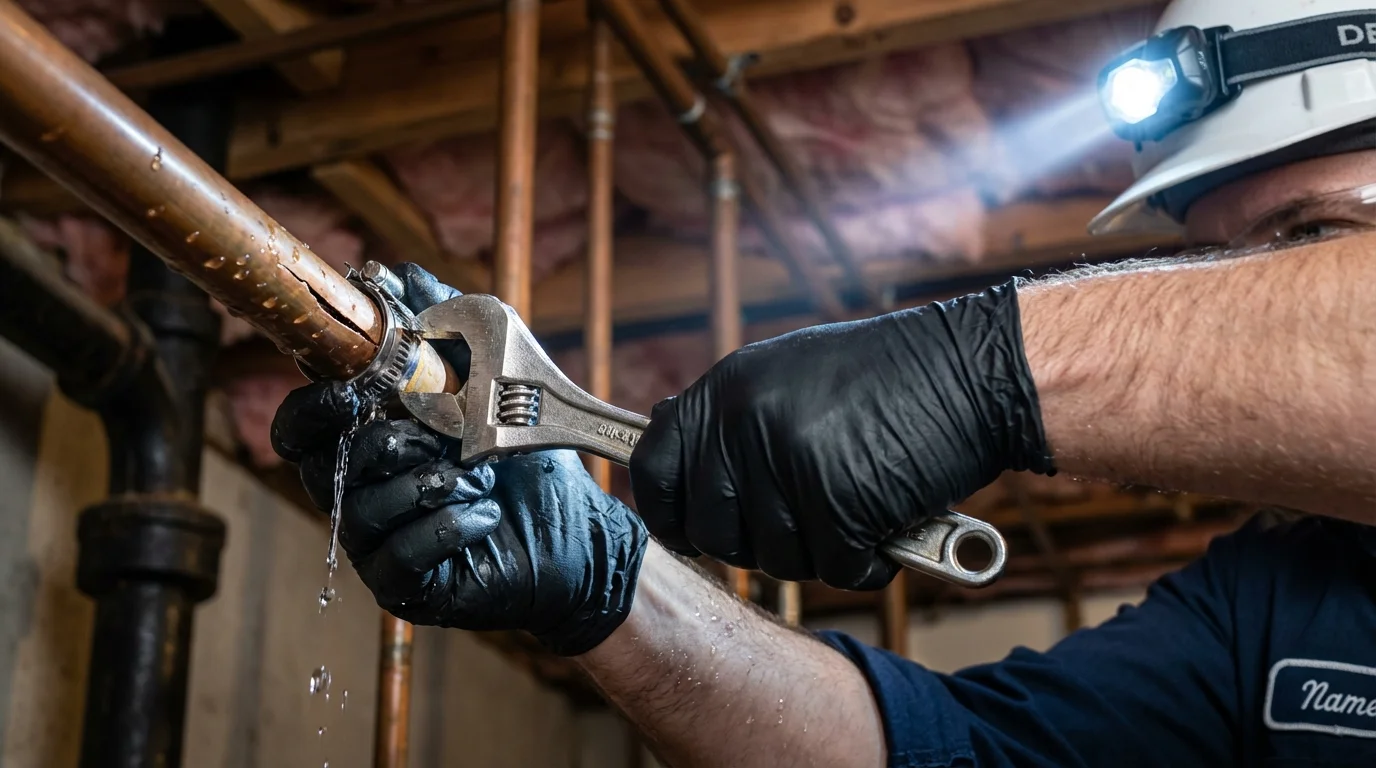 Emergency pipe clamp repair being performed by a Johns Plumbing LLC plumber in Daleville