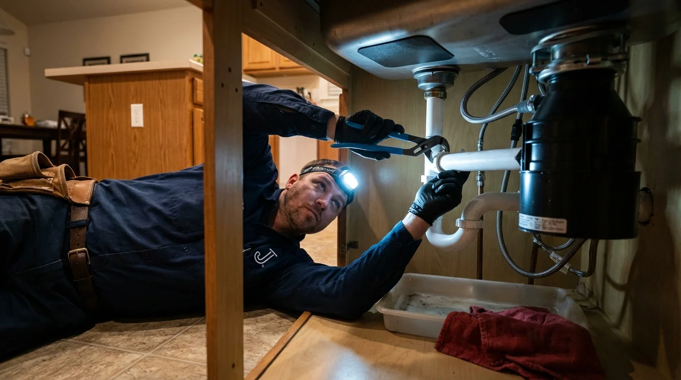 P-trap and supply line connections under a kitchen sink showing a common leak point in Daleville, VA